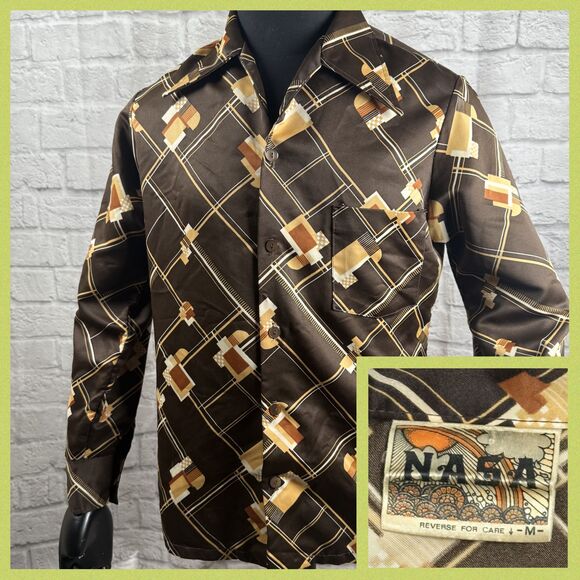 Vtg 1970s Nasa Disco Men's Medium Long Sleeve Button Up Shirt Polyester - Picture 1 of 9